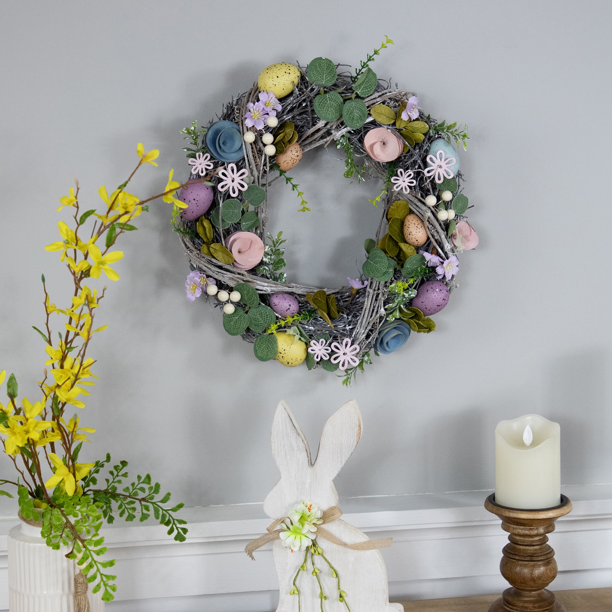 13" Speckled Eggs & Flowers Easter Wreath